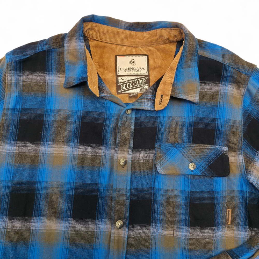 Legendary Whitetails Buck Camp Flannel Shirt Blue Plaid Corduroy Collar M Retro - Picture 4 of 10